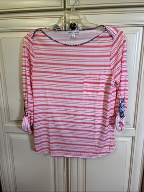 Rebecca Malone Pink & White Striped Roll-Sleeve Pocket Top